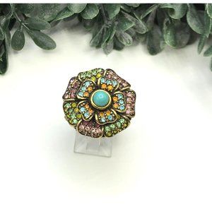 Heidi Daus Statement ring multi color rhinestones brushed gold finish size 6